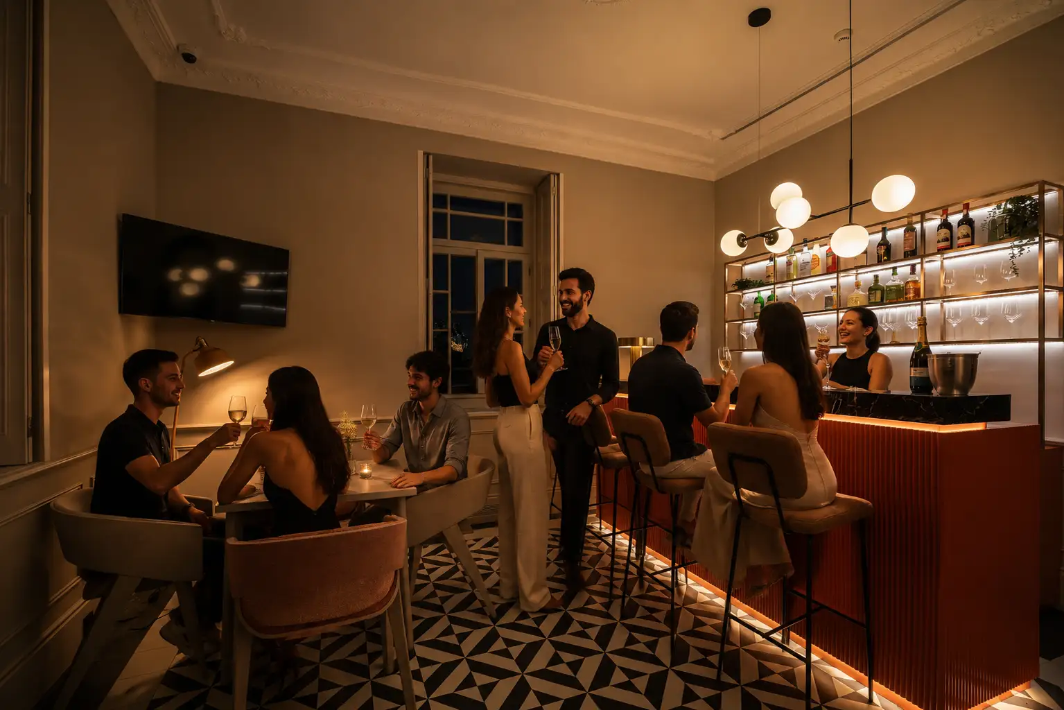 Bar do Noronha Lima Boutique Hotel em Arouca — celebração noturna de aniversário num ambiente sofisticado